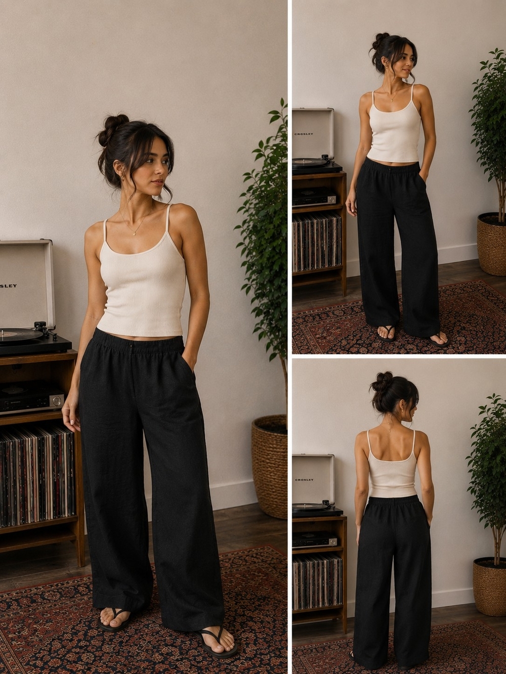 DKNY Black Linen Feel Wide-Leg Drawstring Waist Pants Side 8